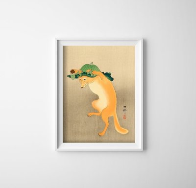 Poster na stenu Tancujúca líška v klobúku od Ohara Koson