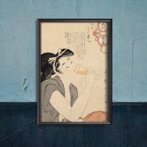 Plagát Žena pije víno Kitagawa Utamar