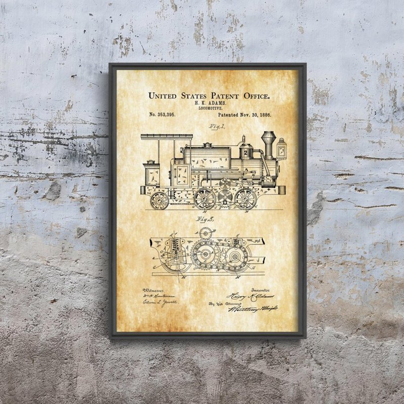 Poster Americký patent Adams Locomotive