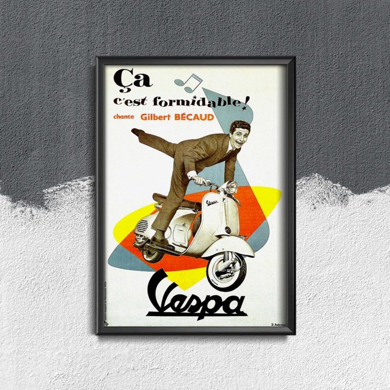 Retro plagát Chante Gilbert Becaud Vespa