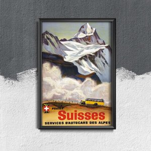 Vintage plagát do obývačky Švajčiarske Alpské autobusy
