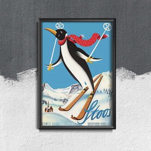 Retro plagát do obývačky Ski Penguin Stoos Švajčiarsko