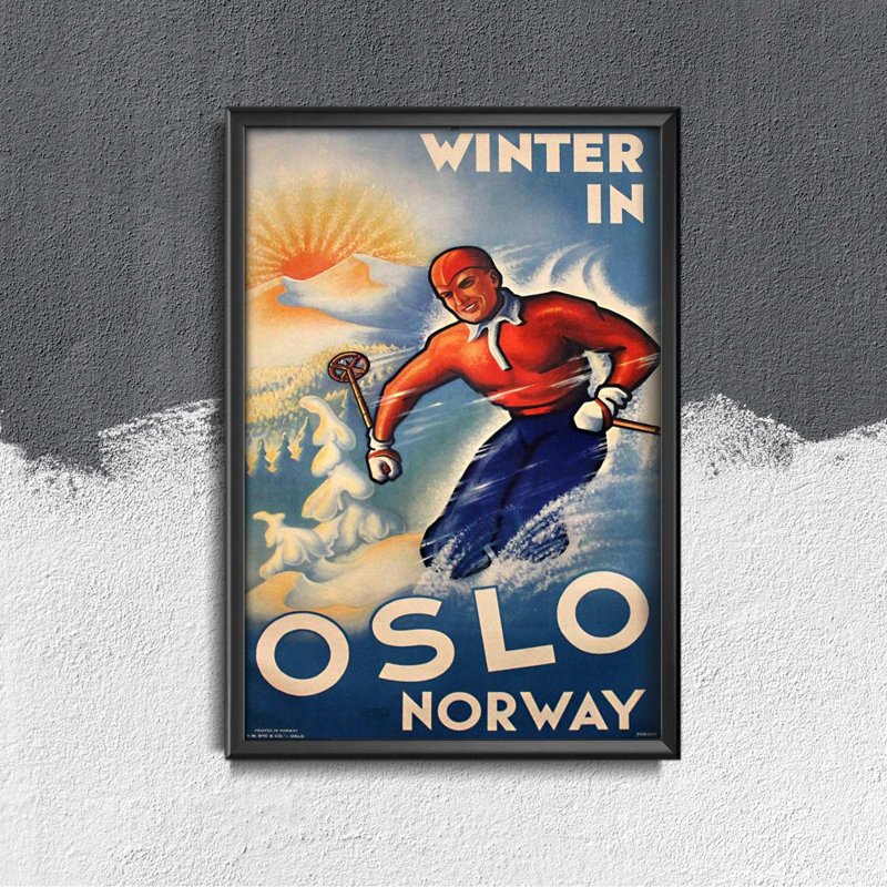 Retro plagát do obývačky Oslo Nórsko zimné lyžovanie