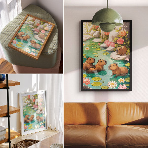 Retro plagát Kapybary v rybníku